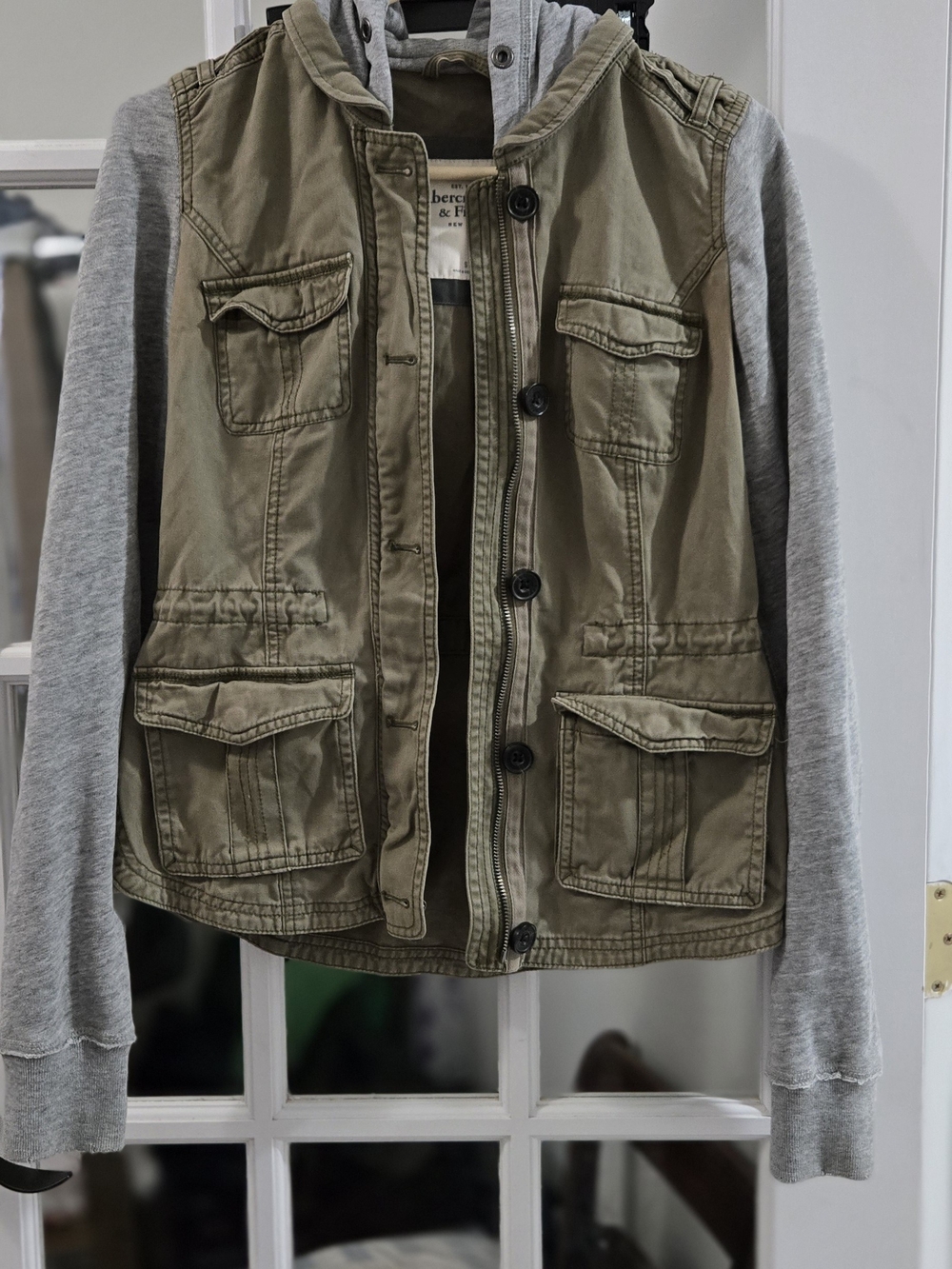 Abercrombie & Fitch Olive Green Jacket with Gray Hooded Sleeves